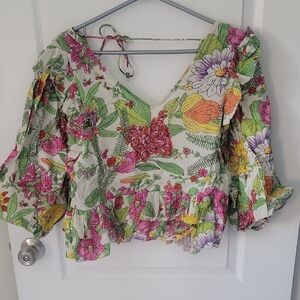 Love The Label - Floral V-Neck Blouse with Ruffle Sleeves